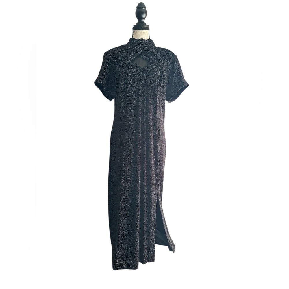 Vintage Night Way Black Sparkle Maxi Dress Keyhole Mesh Slit Y2K Evening Glam M - Picture 2 of 13